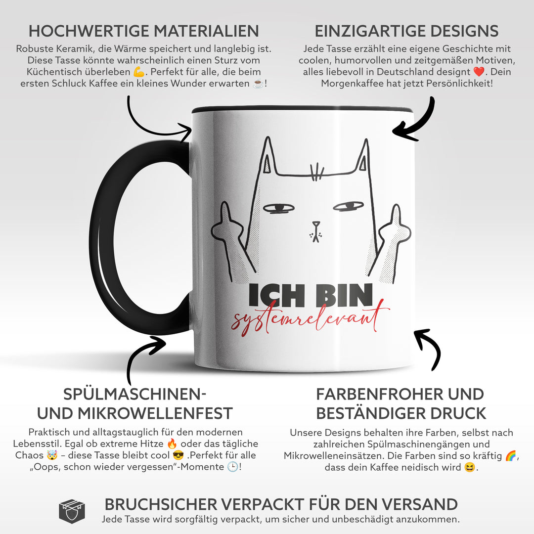 Lustige Tasse "Ich bin systemrelevant" – Freches Geschenk mit Katzenmotiv