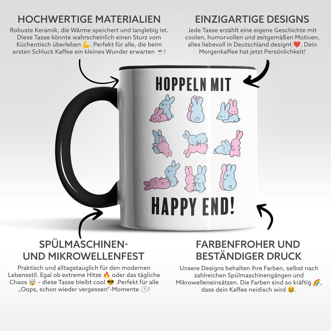 Lustige Tasse "Hoppeln mit Happy End" – Zweideutiges Geschenk für Humorvolle