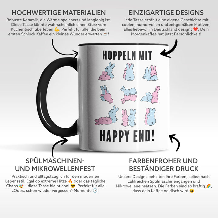 Lustige Tasse "Hoppeln mit Happy End" – Zweideutiges Geschenk für Humorvolle