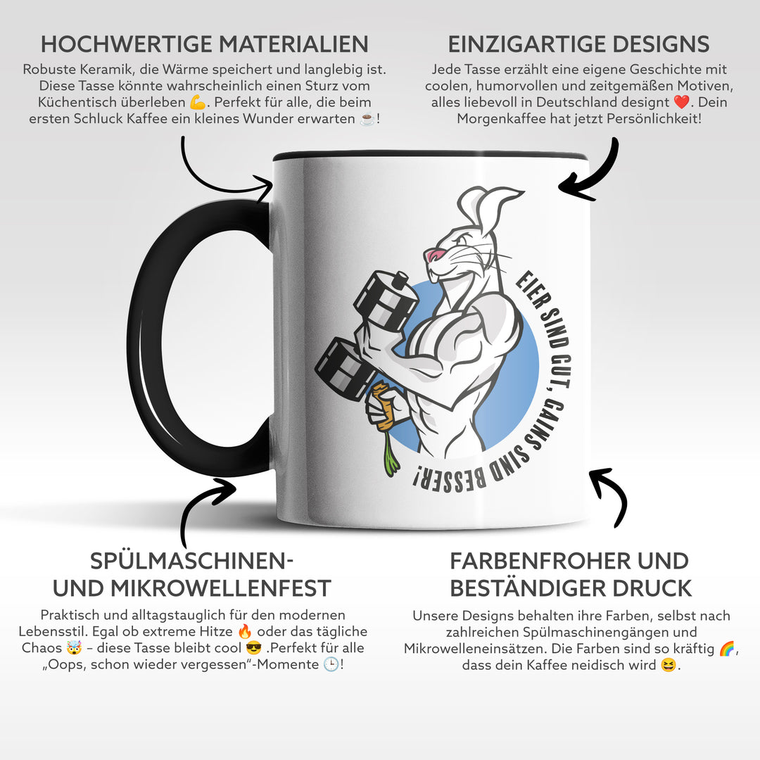 Lustige Tasse "Eier gut, Gains besser!" – Perfekt für Sportler und Fitness-Fans