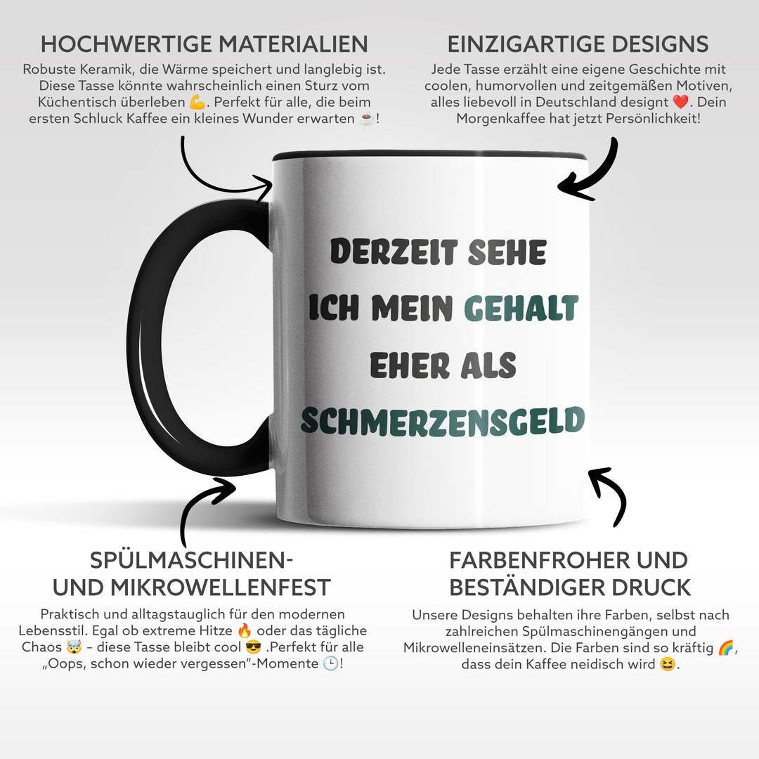 Lustige Tasse "Gehalt? Eher Schmerzensgeld" – Sarkastische Geschenkidee fürs Büro