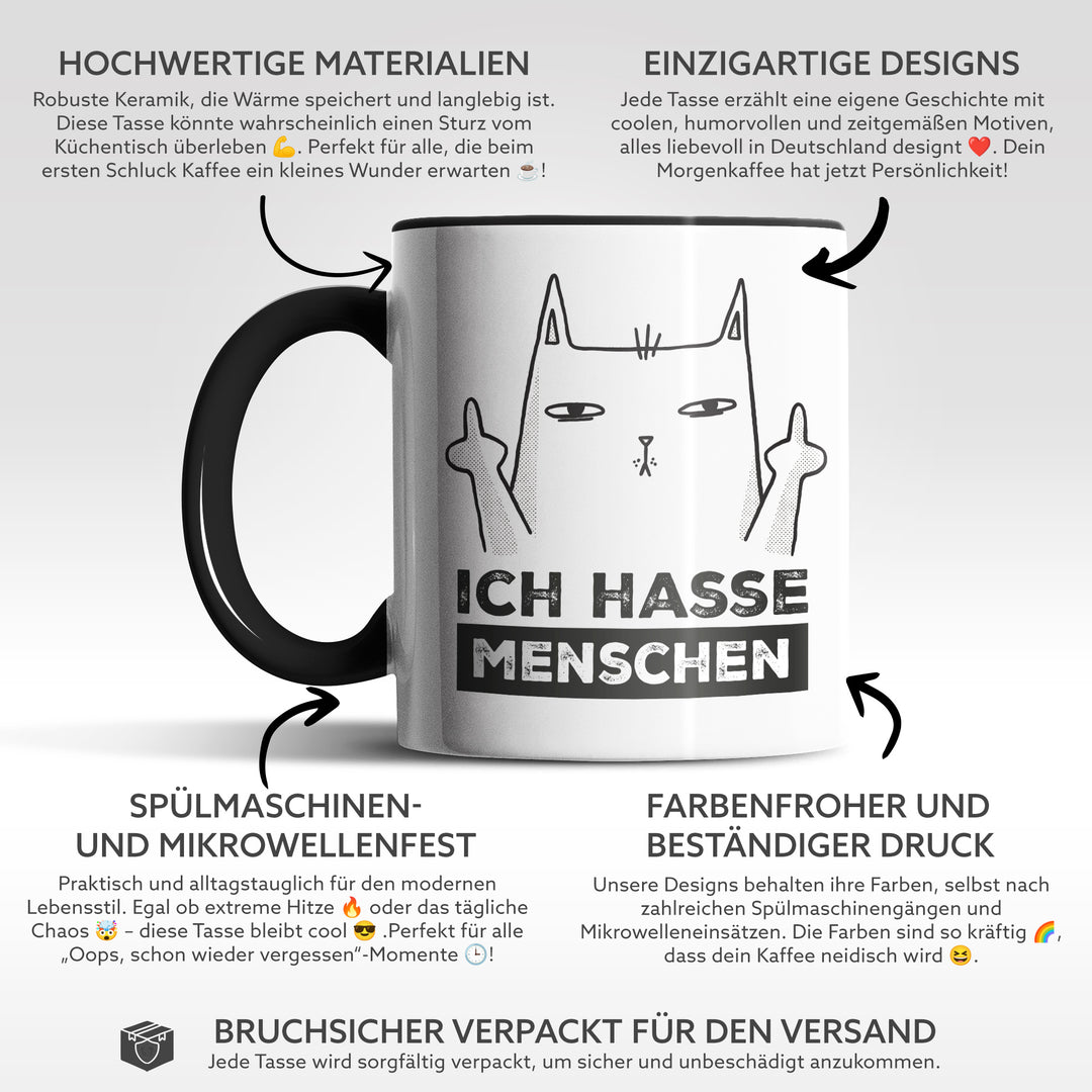 Lustige Tasse "Ich hasse Menschen" – Freches Geschenk mit Katzenmotiv