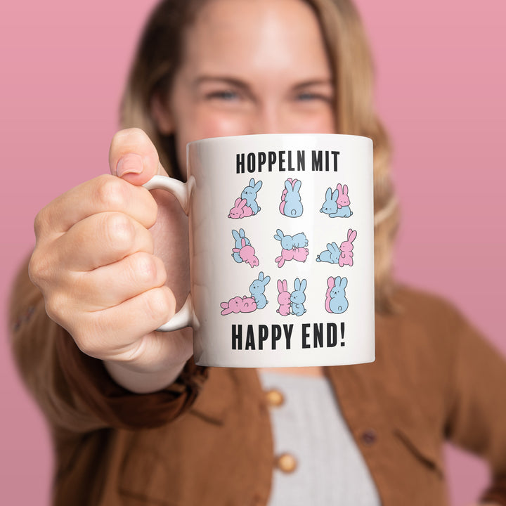 Lustige Tasse "Hoppeln mit Happy End" – Zweideutiges Geschenk für Humorvolle