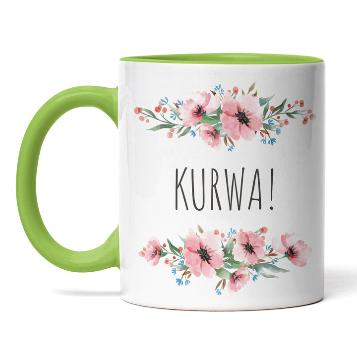 Tasse "Kurwa" – Lustiges Geschenk mit Blumen-Design für Kaffee- & Teeliebhaber