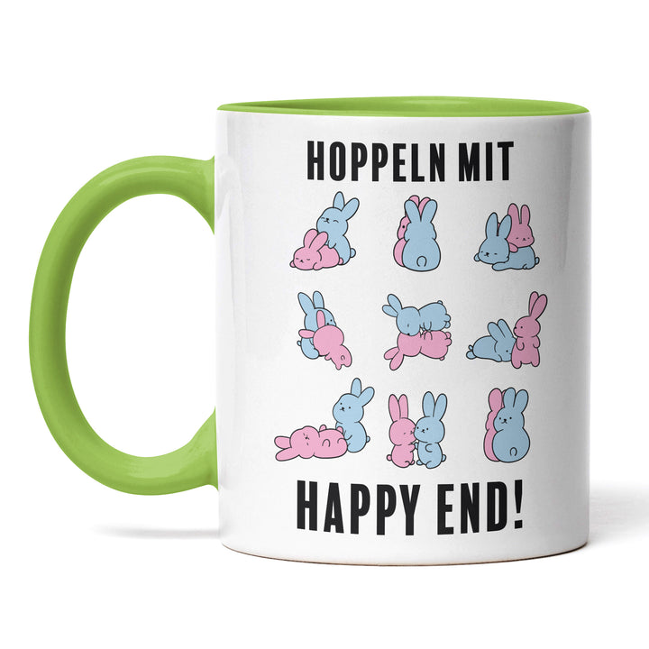 Lustige Tasse "Hoppeln mit Happy End" – Zweideutiges Geschenk für Humorvolle