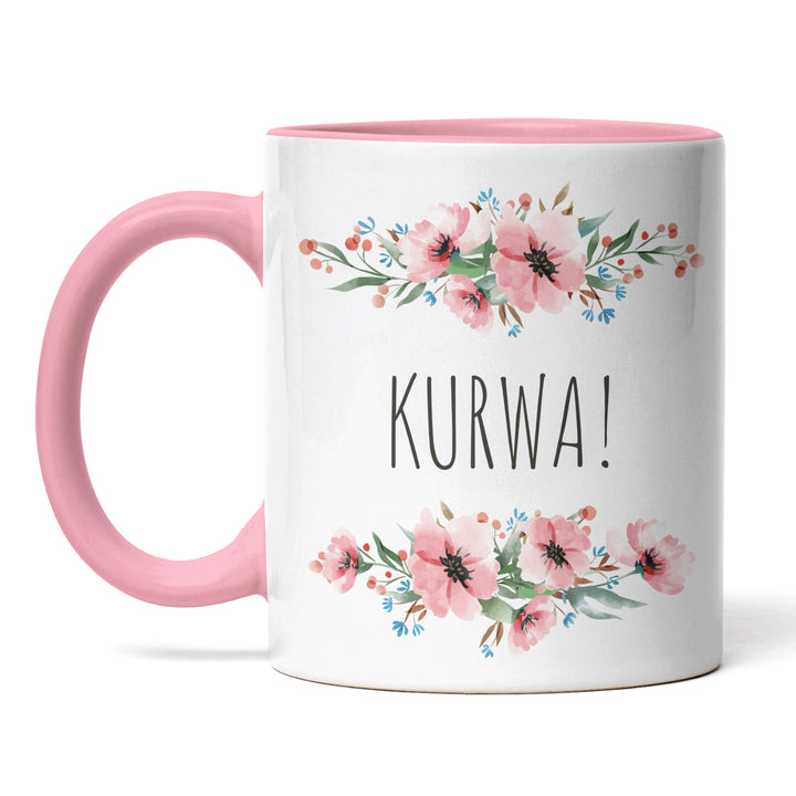 Tasse "Kurwa" – Lustiges Geschenk mit Blumen-Design für Kaffee- & Teeliebhaber
