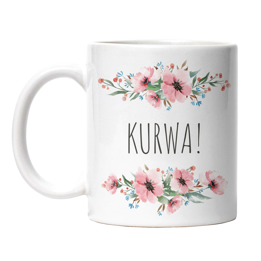 Tasse "Kurwa" – Lustiges Geschenk mit Blumen-Design für Kaffee- & Teeliebhaber