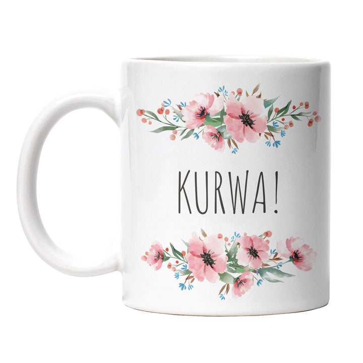 Tasse "Kurwa" – Lustiges Geschenk mit Blumen-Design für Kaffee- & Teeliebhaber